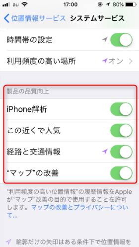 iPhone設定画面 / システムサービス