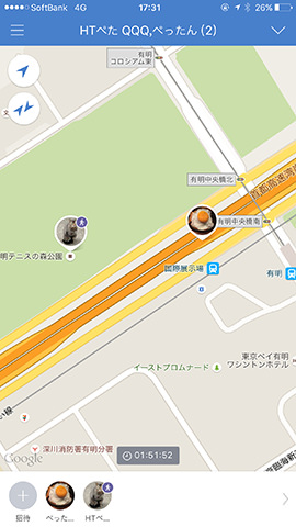 LINE HEREでの表示。自分や友だちの位置情報がアイコンで表示される