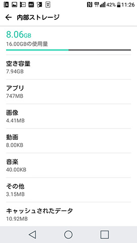 ROMは全体16GBに対して空き容量が8GBほど