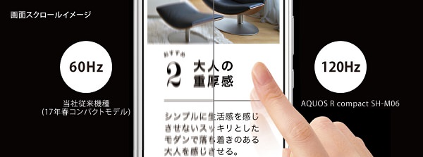 AQUOS R compactは120Hz駆動のハイスピードIGZO液晶を採用
