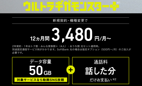 「ミニモンスター」と「ウルトラギガモンスター+」の料金を比較してみましょう