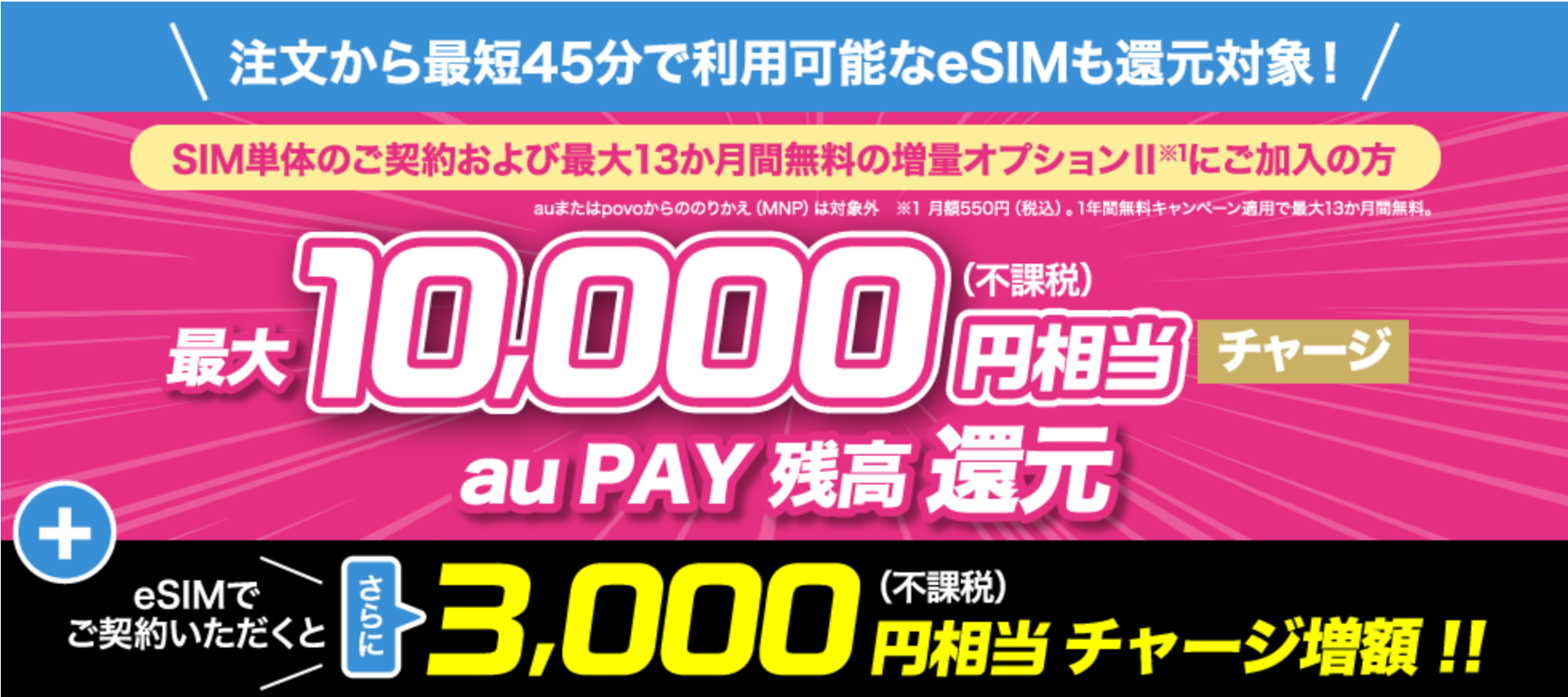 SIMのみ購入で最大13,000円相当のau PAY還元キャンペーン