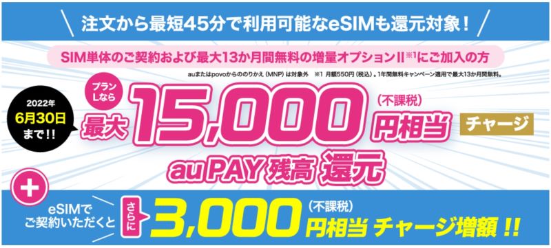 SIMのみ購入で最大18,000円相当のau PAY還元キャンペーン