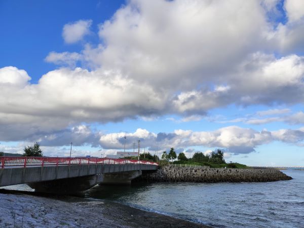 広角カメラで撮影海岸沿いの橋