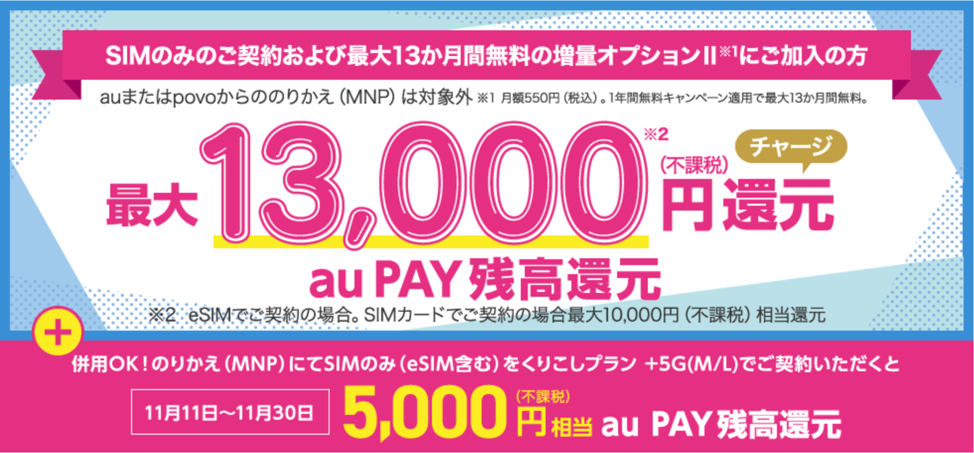 UQmobile 最大13,000円相当 au PAY 残高還元