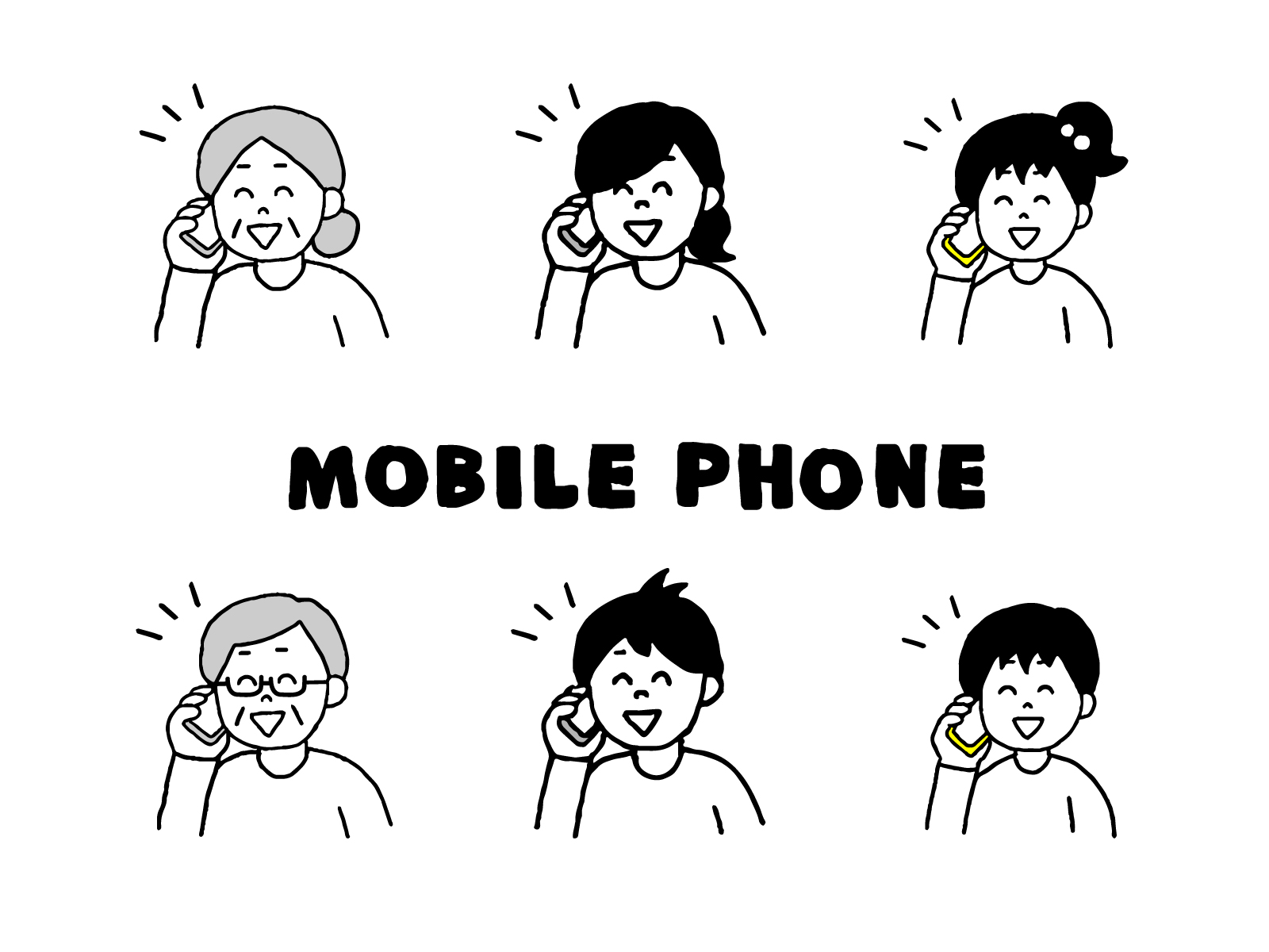 電話中の人のイラストとモバイルフォンの文字画像