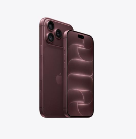 バーガンディのiPhone 18 Proを背面と前面から見た製品写真。背面には3つのカメラレンズが縦に並ぶカメラユニットとAppleロゴがあり、本体と同じ色のガラスが使われている