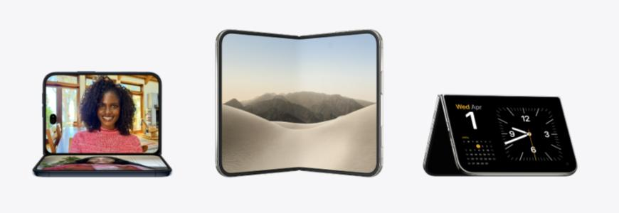 iPhone Duoを3つの開き方で並べた製品写真。左は半分開いてビデオ通話を表示、中央は完全に開いた状態、右はL字に折り曲げて自立させ時計を表示している