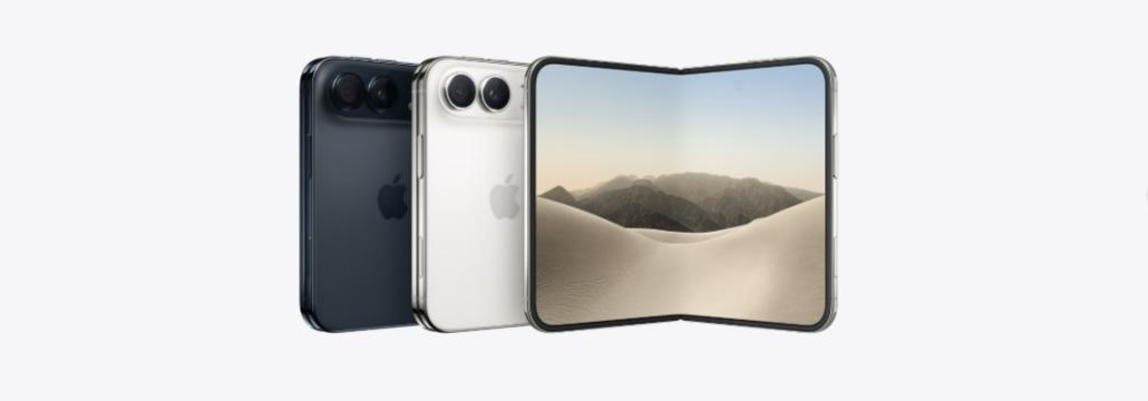 iPhone Duoの製品写真。左からナイトスカイの背面、スターホワイトの背面、そして半分開いた状態の本体が並び、背面には2つのカメラレンズが見える