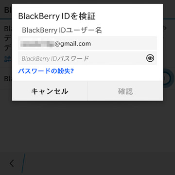 スイッチをONにする際にはBlackBerry IDとパスワードの入力を求められる