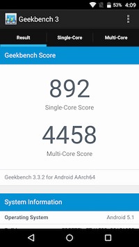Geekbench 3でのベンチマーク測定結果（スコア：Single 892／Dual 4458）