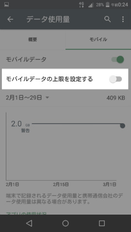 【モバイルデータ】の項目をオンにすると、その下に新たに項目が出現する