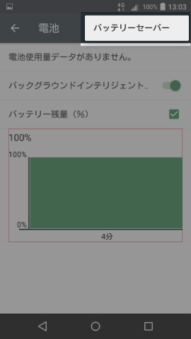 メニューボタン→【バッテリーセーバー】の順にタップ