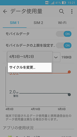 ZenFone Max　設定：データ使用量のカウントする周期を設定する