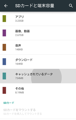 Androidの「SDカードと端末容量」画面