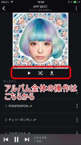 左から「再生」「シャッフル」「ダウンロード」