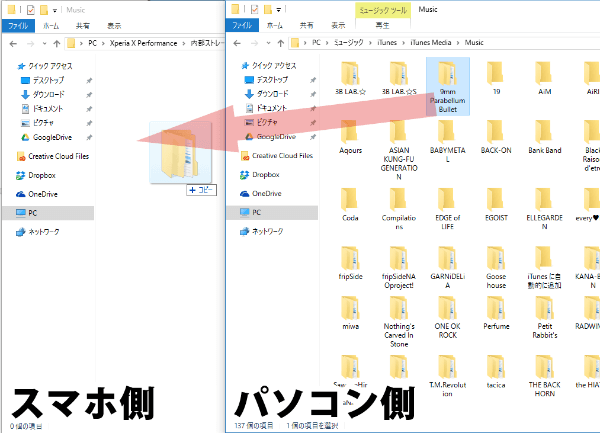 左が転送先のAndroid（スマホ側）、右が転送元の音楽データ（パソコン側）