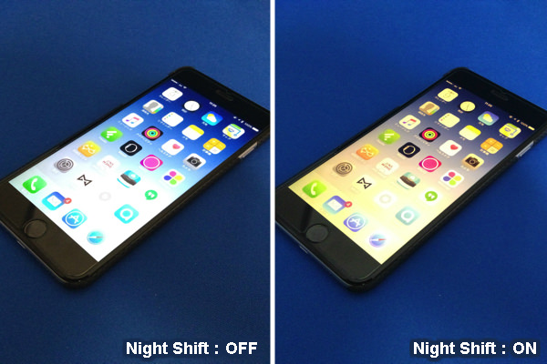 Night Shiftがオフの状態（左）とオンにした状態（右）を比較