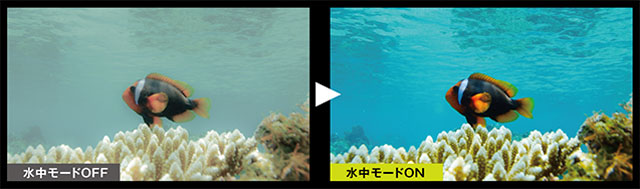 水中に最適化された色味で撮影する機能