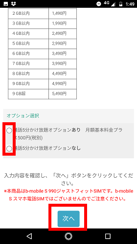 オプションを選択して次へ