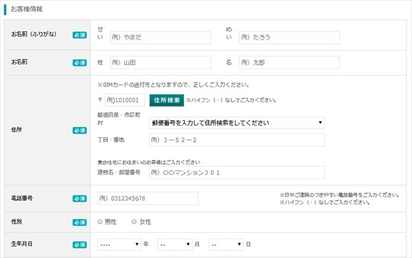 お客様情報入力画面