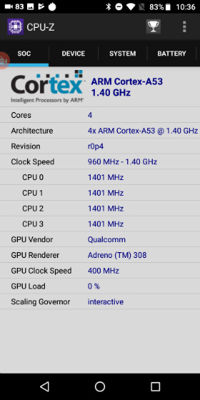 Moto E5 CPUは900MHz〜1.4GHzの可変