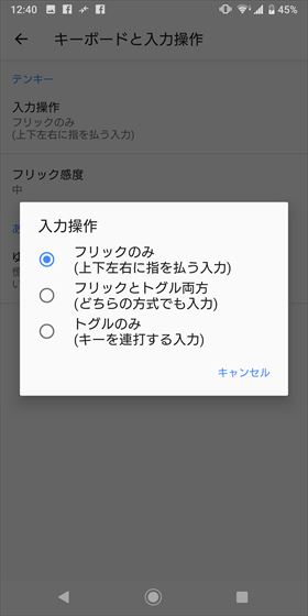 入力操作を「フリックのみ」に設定