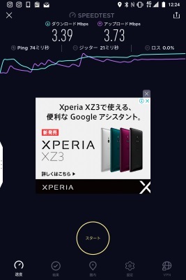 LINEモバイル ソフトバンク回線 昼:下り 3.39Mbps / 上り 3.73Mbps