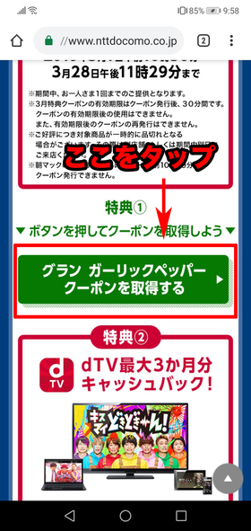 ボタンを押してクーポンを取得