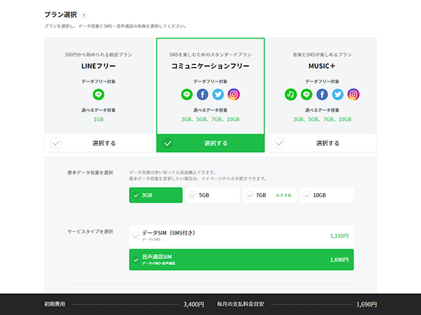 契約するプランや基本データ容量を選択する