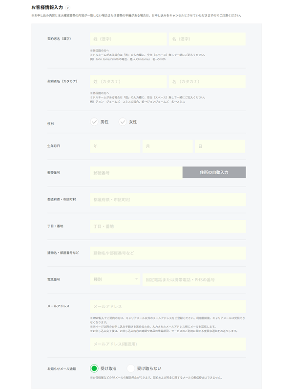 お客様情報入力欄に必要事項を入力する