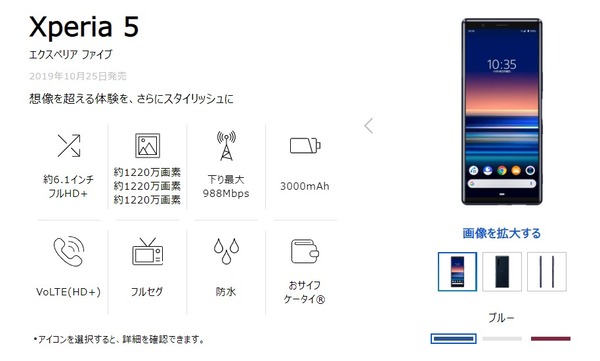 ソフトバンク公式Xperia 5販売ページ画像