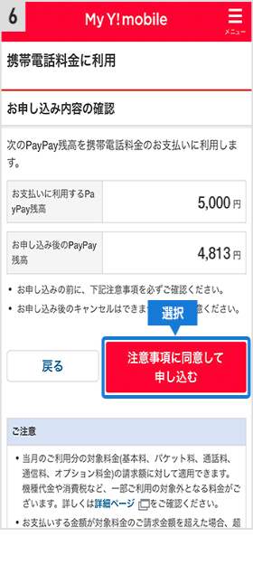 ワイモバイル PayPay残高 支払い手順⑥
