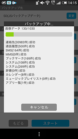 バックアップ中の画面。連絡先やブックマークなど、項目別にバックアップが進んでいく