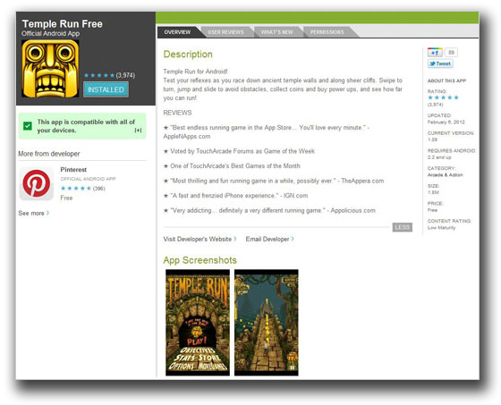 Google Play上で発見された「Temple Run」を装うアプリ。なお、現時点ではすでに削除されている