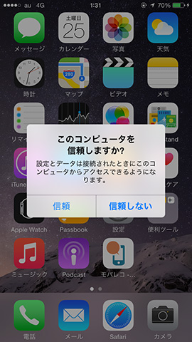 初回だけセキュリティーのためのダイアログが表示される。ここでは「信頼」をタップ