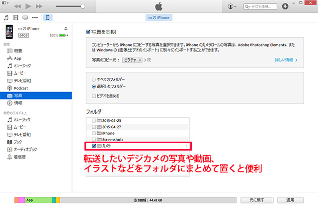 あらかじめデジカメの写真をコピーした「カメラ」フォルダにチェック。