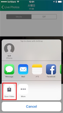 「Save Video」をタップして変換した動画をiPhoneに保存