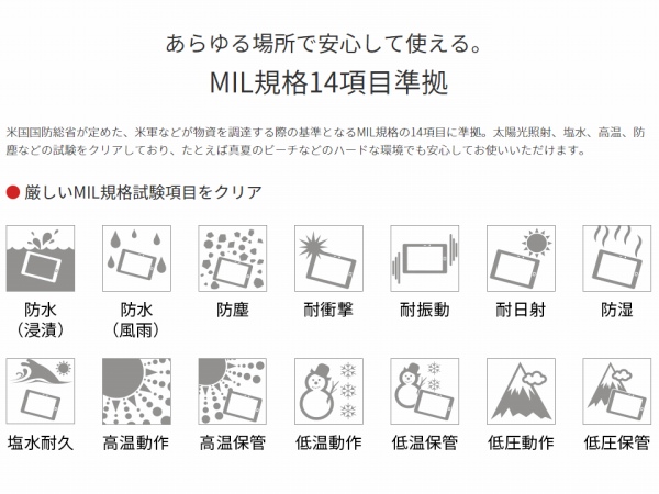 MIL規格14項目に準拠しているため安心