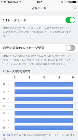 ちなみに、手動でトークするには「1:1トークモード」をオンにして自動応答をオフにする