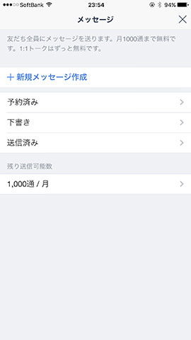 メッセージ送信は管理画面の「メッセージ」→「新規メッセージ作成」の順にタップ