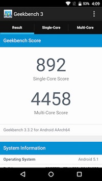 Geekbench 3でのベンチマーク測定結果(スコア:Single 892/Dual 4458)
