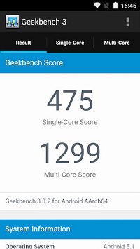 Geekbench 3でのベンチマーク測定結果(スコア:Single 475/Multi 1299)