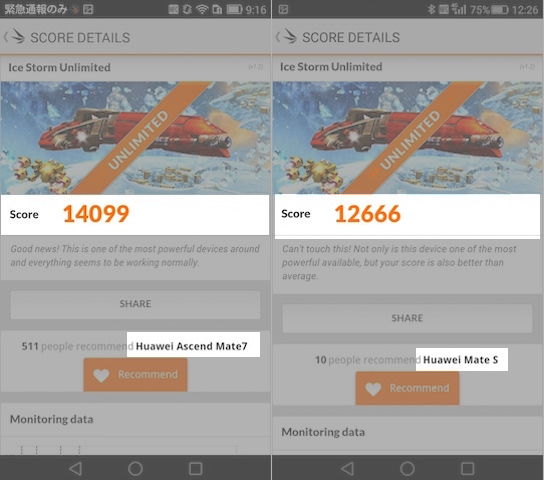 3DMarkでのベンチマーク測定結果。Mate S(右)とMate 7(左)
