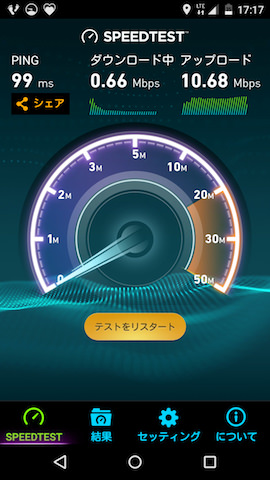 下りは500Kbps超え。また上りは10Mbpsとかなり高速