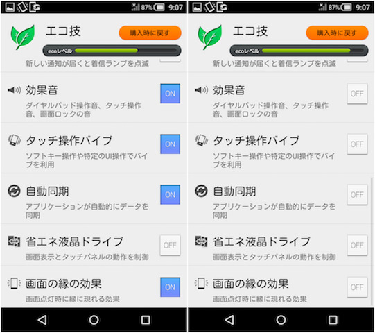 オン(またはオフ)した項目の数によって右上のゲージが変わる。自分の使い方にストレスのない範囲で出来る限りエコを目指してみよう