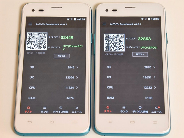 ベンチマークスコア:左が新モデル(UPQ Phone A01X)、右が旧モデル(UPQ Phone A01)