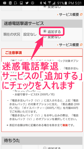 「同意して登録する」をタップしたら、迷惑電話撃退サービスの「追加する」をチェックし、「次へ」をタップ