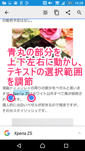 長押し後、青丸部分を上下左右へ動かし、テキストの選択範囲を調節