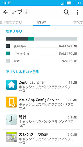 初期状態でのメモリ空き容量は約1.1GB